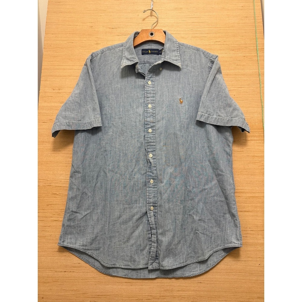 Ralph‎ Lauren Short Sleeve Chambray Button Down Shirt Pony Logo Blue Men L